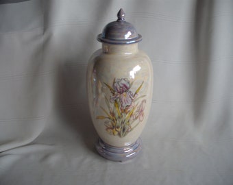 Large Ceramic Cremation Urn With Base /  Mother of Pearl