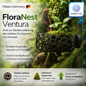 Könnte beinhalten: Ein schwarzer, zylindrischer Korb mit Wabenmuster für Aquarien und Terrarien, beschriftet mit FloraNest Ventura. Er verfügt über eine Saugnapfhalterung, enthält grünes Moos sowie eine kleine Pflanze und zeigt Text zur Erweiterung von Habitaten.