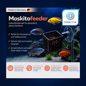 May include: A black, square-shaped aquarium feeder with a lattice pattern, attached to a glass wall by a clear suction cup. The product is labeled Moskitofeeder and features text regarding its use for live fish food, including mosquito larvae.