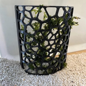 Op de afbeelding: Een zwarte plastic cilinder met een geometrisch patroon, gevuld met groen mos. De cilinder staat op een bed van witte grind.