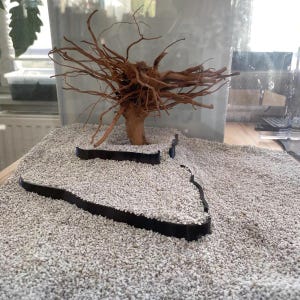Puede incluir: Primer plano de un pequeño sustrato de grava blanca en un acuario. Un borde de plástico negro rodea una pequeña isla de grava. Una rama de madera flotante marrón con muchas raíces se coloca en la isla.