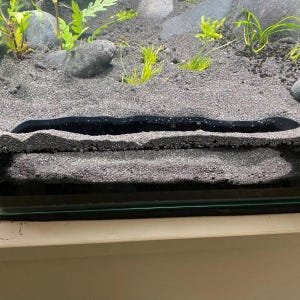 May include: A black plastic divider for a fish tank, creating a layered effect in the black sand substrate.