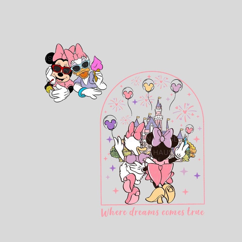 K&ouml;nnte beinhalten: Eine rosa und wei&szlig;e Illustration von Minnie Mouse und Daisy Duck vor einer rosa und wei&szlig;en Illustration von Schloss Aschenputtel mit Feuerwerk und Ballons. Der Text "Where dreams comes true" befindet sich unter dem Bild.