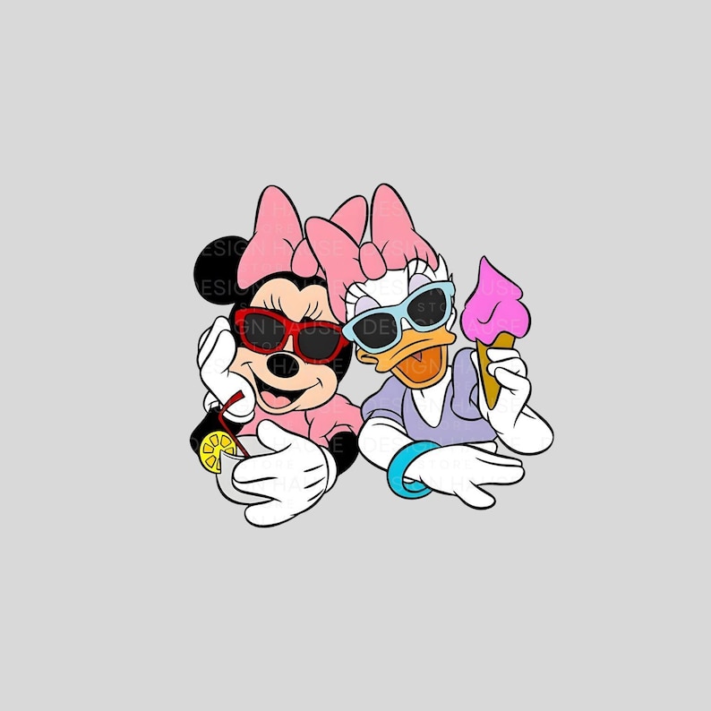 K&ouml;nnte beinhalten: Eine Cartoon-Illustration von Minnie Maus und Daisy Duck, die Sonnenbrillen tragen. Minnie h&auml;lt ein Glas mit einer Zitronenscheibe und einem Strohhalm. Daisy h&auml;lt eine rosafarbene Eist&uuml;te.