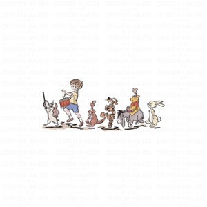 May include: Illustration of a parade featuring a young boy playing a drum, followed by various cartoon characters including a kangaroo, Tigger, Eeyore, Winnie the Pooh, and Rabbit. The characters are walking in a line, with a white background.