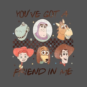 May include: A gray t-shirt with a retro design featuring the Toy Story characters Woody, Buzz Lightyear, Jessie, Slinky Dog, and Rex. The text "You've Got A Friend In Me" is printed in gold glitter letters.