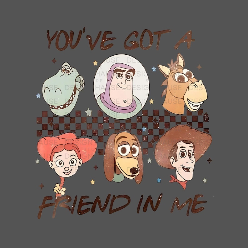 May include: A gray t-shirt with a retro design featuring the Toy Story characters Woody, Buzz Lightyear, Jessie, Slinky Dog, and Rex. The text "You've Got A Friend In Me" is printed in gold glitter letters.