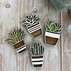 May include: Four wooden succulent plant ornaments with white and brown painted details. The succulents are in different shapes and sizes, including a cactus, aloe vera, and two different types of succulents.
