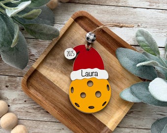 Personalized Pickleball Christmas Ornament, Pickleball Santa Hat Ornament, 2025 Pickleball Gift, Laser Engraved Pickleball Ornament
