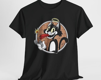 Schwarze Katze Cartoon T-Shirt, Unisex Katzenliebhaber T-Shirt, cooles Street Style Feline Top, süßes Katzen Grafik Shirt, Geschenk für Katzenbesitzer, Tierliebhaber T-Shirt