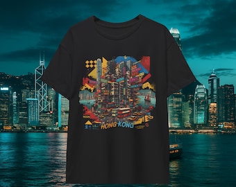 Koszulka z motywem miasta Hongkong: Neonowa grafika Skyline