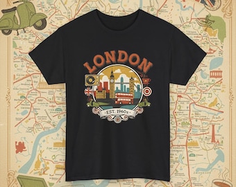Koszulka retro z Londynu: Big Ben, autobus i skuter – styl lat 60. w modzie