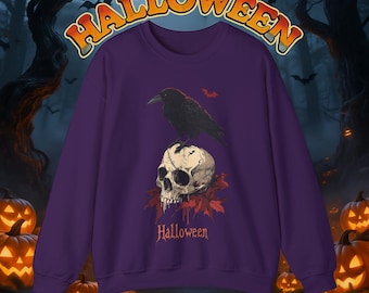 Bluza vintage na Halloween: gotycka czaszka z okrągłym dekoltem w kształcie kruka