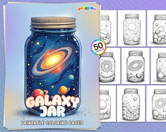 May include: A printable coloring book featuring 50 pages of galaxy jars. Each page features a different design of a jar filled with stars, planets, and galaxies. The cover features a colorful illustration of a galaxy jar with the text "Galaxy Jar" and "Printable Coloring Pages".