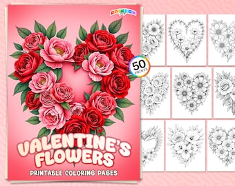 50 Valentinstagsblumen: Malbuch, Romantische Blumenseiten, printable PDF, Sofort-Download, Achtsamkeit & Stressabbau für Erwachsene