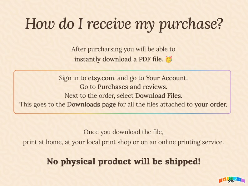 Slide explaining how to download the files after purchase on Etsy. Includes clear, step-by-step instructions on accessing the PDF files and emphasizes that this is a digital product, with no physical items shipped.