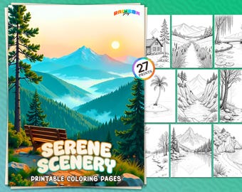 Puede incluir: Un conjunto de páginas para colorear imprimibles con paisajes serenos. La portada muestra un paisaje vibrante con montañas, árboles y un banco. El texto dice "Serene Scenery" y "Printable Coloring Pages". Incluye 27 impresiones.