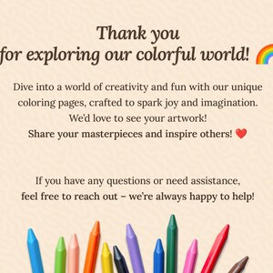 Thank-you slide with the message “Thank you for exploring our colorful world!” Encourages customers to share their artwork and get in touch if they need assistance. Features colorful crayons for a playful and inviting vibe.