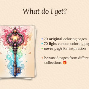 Slide showing the package contents: 70 original coloring pages, 70 light versions, a cover page for inspiration, and 3 bonus pages from other collections. Features a colorful fantasy key illustration for emphasis.