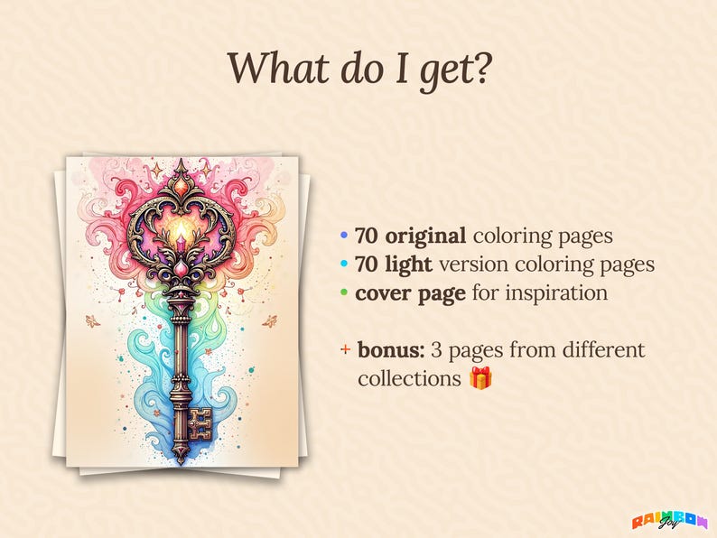 Slide showing the package contents: 70 original coloring pages, 70 light versions, a cover page for inspiration, and 3 bonus pages from other collections. Features a colorful fantasy key illustration for emphasis.