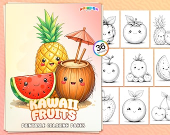 36 kawaiifruit: kleurboek, kleurplaten schattig vrolijk fruit, afdrukbare pdf, direct downloaden, plezier en stressverlichting voor kinderen en volwassenen
