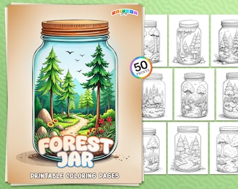 50 Forest Jar: kleurboek, betoverende natuurbos kleurplaten, afdrukbare pdf, direct downloaden, ontspanning voor volwassenen en kinderen