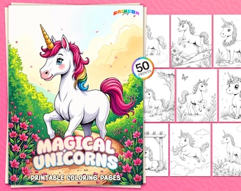 Puede incluir: Una portada de libro para colorear con un unicornio mágico con una crin y cola de arcoíris. La portada tiene el texto "Magical Unicorns" y "Printable Coloring Pages". Hay 50 páginas para colorear imprimibles dentro.