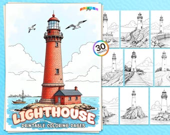 30 faros: libro para colorear, páginas de faros costeros para adultos y niños, PDF imprimible, descarga instantánea, relajante, divertido y de atención plena