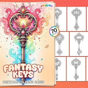 70 Fantasy Keys: Coloring Book, Magical Coloring Pages, Printable PDF, Instant Download, Mindfulness Stress Relief for Adults & Kids