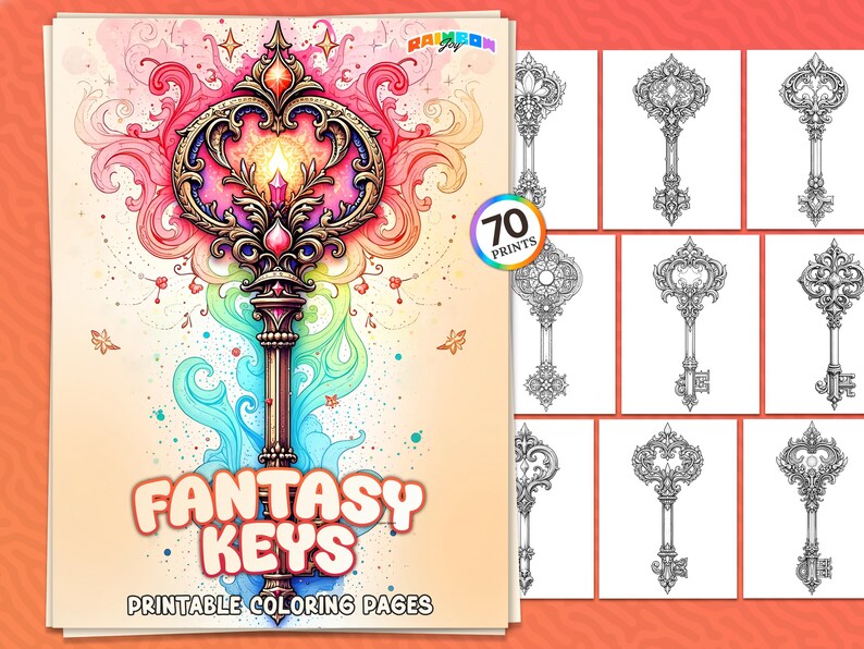 Cover page featuring a beautifully designed fantasy key with intricate details, surrounded by magical elements. The title “Fantasy Keys,” “Printable Coloring Pages,” and a badge showing “70 prints” are displayed on a colorful background.
