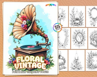 55 Floral Vintage: Malbuch, Blumen Thema, Botanische Malseiten für Erwachsene, druckbare PDF-Datei, Sofort-Download, Stressabbau