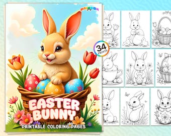 May include: A printable coloring book featuring 34 pages of Easter bunny designs. The cover features a cute cartoon bunny holding Easter eggs in a basket surrounded by spring flowers. The title of the book is "Easter Bunny Printable Coloring Pages".