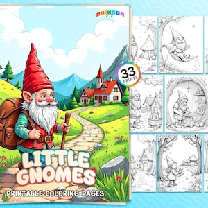 33 Little Gnomes: Coloring Book Adorable Fantasy Gnome Pages, Printable PDF, Instant Download, Relaxing and Fun for Kids & Adults