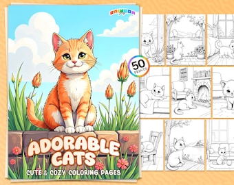 50 gatos adorables: libro para colorear, lindas páginas para colorear, PDF imprimible, descarga instantánea, lindas hojas de gatitos, alivio del estrés para adultos y niños