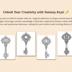 Description slide titled “Unlock Your Creativity with Fantasy Keys!” with four key previews. Text invites users to explore a collection of unique keys, each design offering a touch of mystery and elegance for creative coloring.
