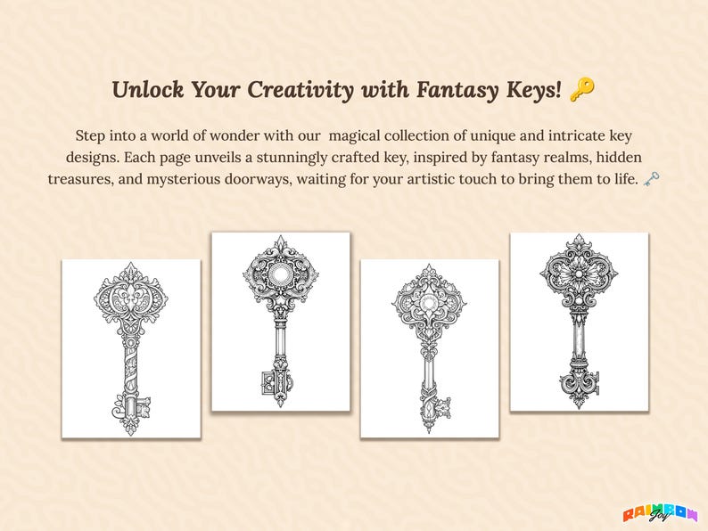 Description slide titled “Unlock Your Creativity with Fantasy Keys!” with four key previews. Text invites users to explore a collection of unique keys, each design offering a touch of mystery and elegance for creative coloring.