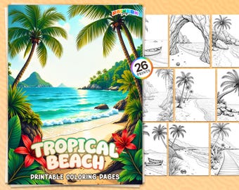 26 Tropischer Strand: Malbuch, entspannende Ozean- und Inselszenen, druckbare PDF-Datei, Sofort-Download, Stressabbau und Achtsamkeit für Erwachsene