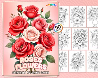 Puede incluir: Un libro para colorear imprimible con 90 páginas de rosas. La portada muestra un ramo de rosas rojas y rosas con hojas verdes. El título del libro es "Roses Flowers Printable Coloring Pages".