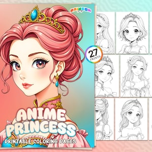 27 Anime Princess: Coloring Book, Elegant Manga Inspired Royal Portraits, Kawaii Girls, Printable PDF Sheets, Instant Download, Relaxation