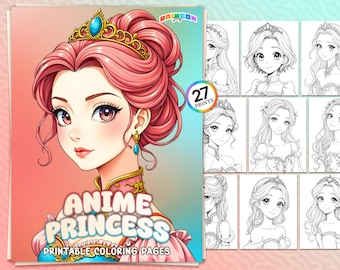 27 Anime Princess: Coloring Book, Elegant Manga Inspired Royal Portraits, Kawaii Girls, Printable PDF Sheets, Instant Download, Relaxation
