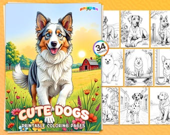 34 schattige honden: kleurboek schattige puppypagina's voor kinderen en volwassenen, afdrukbare pdf, direct downloaden, stressverlichting en leuke kleurplaten