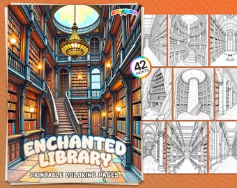 42 Enchanted Library: Coloring Book, Magic Books & Shelves Coloring Pages for Adults, Printable PDF, Instant Download, Relaxation and Fun