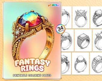 34 Fantasy Rings: Coloring Book, Enchanting Jewelry Coloring Pages, Printable PDF, Instant Download, Fun and Relaxation for Adults & Kids