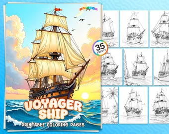 35 Voyager Schiff: Malbuch, Historische und Fantasy-Segelboot-Seiten, druckbare PDF, Sofort-Download, kreative Flucht & Entspannung