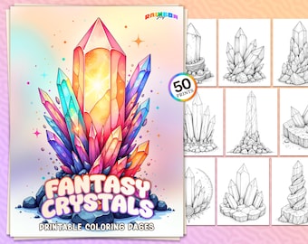 50 Fantasie Kristalle: Malbuch, magische Steine, Mineralien zum Ausmalen, printable PDF, Instant Download, Spaß & Entspannung für Erwachsene