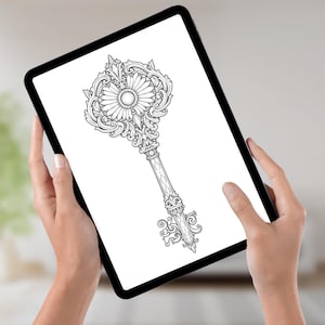 Mockup image showing a digital key coloring page displayed on an iPad. Two hands hold the tablet, demonstrating the versatility of the pages for both digital and printable formats, making them perfect for on-the-go creativity.