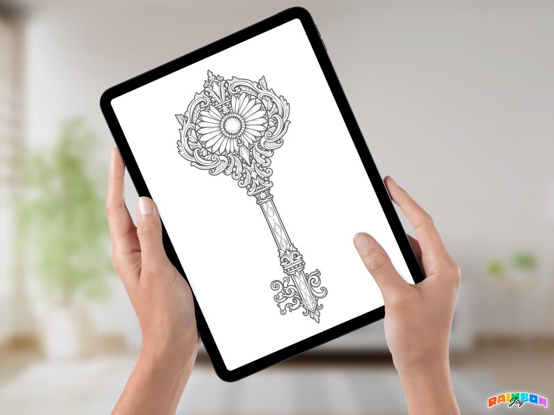 Mockup image showing a digital key coloring page displayed on an iPad. Two hands hold the tablet, demonstrating the versatility of the pages for both digital and printable formats, making them perfect for on-the-go creativity.