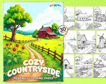 Puede incluir: Una portada de libro para colorear con una granja roja, árboles verdes y un camino sinuoso. El título es "Cozy Countryside" con el texto "Páginas para colorear imprimibles". Hay 30 ilustraciones en blanco y negro de escenas de granjas en la portada.