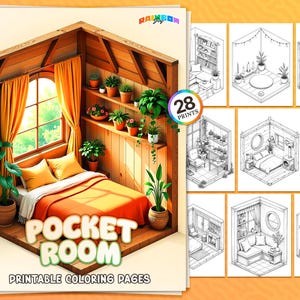Può includere: Un set di 28 pagine da colorare stampabili che mostrano una stanza accogliente illustrata con un letto, piante e una finestra. Il titolo "Pocket Room" è visualizzato in grandi caratteri grassetto.