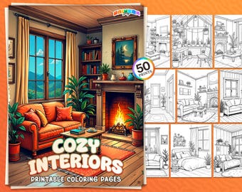 50 Cozy Interiors: Coloring Book, Stress Relief Coloring Pages for Adults, Cozy Rooms, Printable PDF, Instant Download, Mindfulness Relax